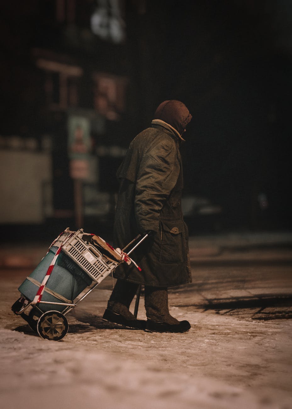 a person in winter clothes pulling a cart